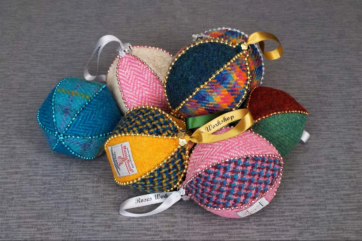 6 handmade harris tweed christmas tree baubles