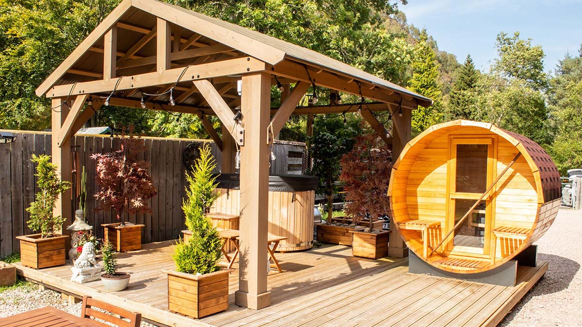 decking with hot tub and wooden sauna
