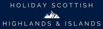 Logo with Holiday Scottish HIghlands in white with white mountain on navy background